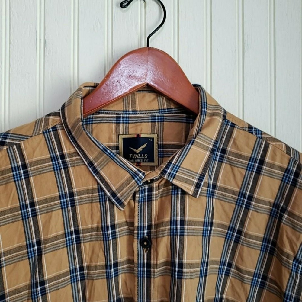 Twills Shirt Mens XL Beige Blue Plaid Casual Long Sleeve Tailored Fit Button-Up